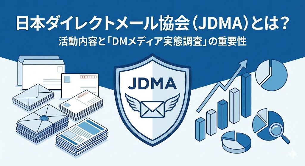 日本ダイレクトメール協会（JDMA）のイメージ。ダイレクトメールの山と分析グラフ、マーケティング調査を表現したイラスト