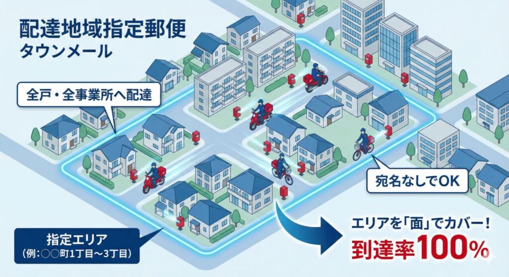タウンメールの仕組み図解。宛名リストを使わず、指定した町丁目の全世帯・全事業所へ「面」で配達するイメージ