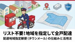 配達地域指定郵便物（タウンメール）のアイキャッチ画像。リスト不要で指定エリアの全戸・全事業所に届く郵便局のサービス。ポスティングとの違いと活用法