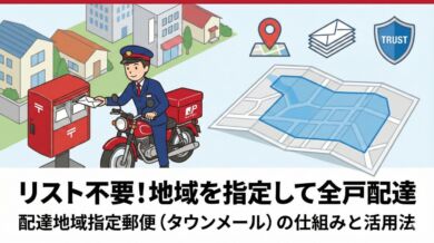 配達地域指定郵便物（タウンメール）のアイキャッチ画像。リスト不要で指定エリアの全戸・全事業所に届く郵便局のサービス。ポスティングとの違いと活用法