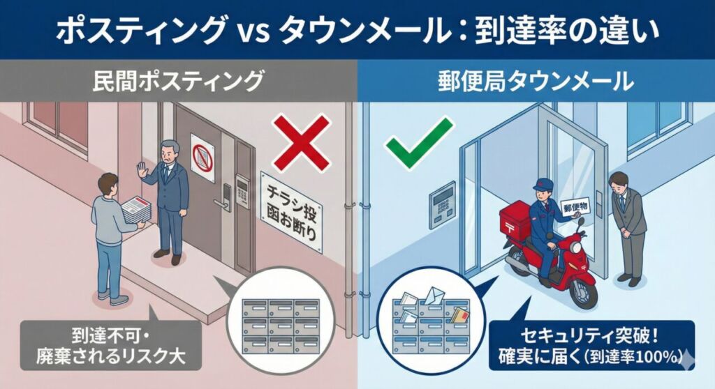 タウンメールとポスティングの比較図解。ポスティングは管理人に拒否されるが、郵便局員(タウンメール)はセキュリティマンションやオフィスビルに入館しポストへ投函できる様子