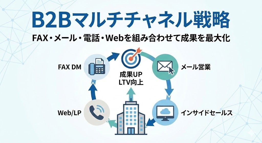 BtoB営業におけるマルチチャネル戦略の概念図。FAX、メール、電話、Webサイトなど複数のチャネルが連携し、顧客を中心に取り囲んで相乗効果を生み出しているイラスト。