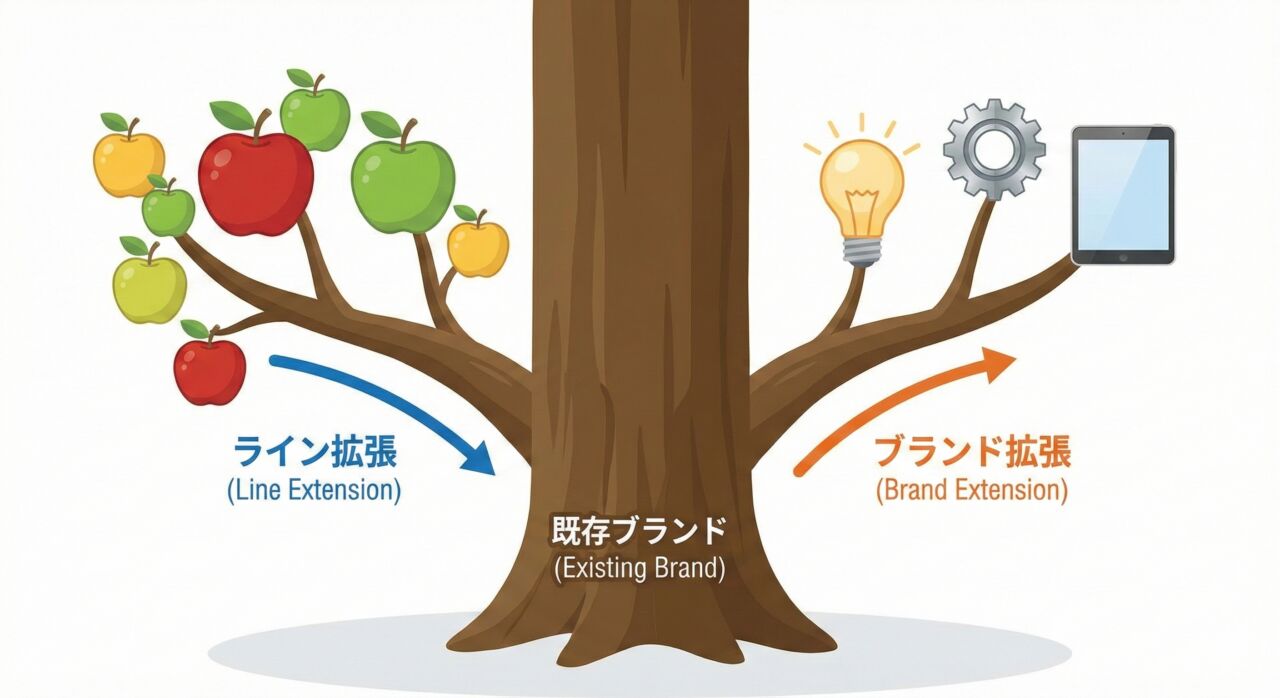 ブランド拡張とライン拡張の違いを表す概念図（ツリー）。1本の木（既存ブランド）から、左側の枝には色違いのリンゴ（ライン拡張：同種の新商品）が実り、右側の枝には電球やタブレットなど全く異なる製品（ブランド拡張：異業種への進出）が実っている様子。