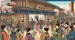 江戸時代の越後屋（現在の三越）の前で、多くの人々が色鮮やかな引札（日本最古のチラシ広告）を手に取り、賑わっている様子を描いた浮世絵風イラスト。