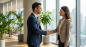 オフィスで笑顔で握手をするビジネスマンとビジネスウーマン。リードナーチャリングによる信頼関係の構築とパートナーシップ成立のイメージ。