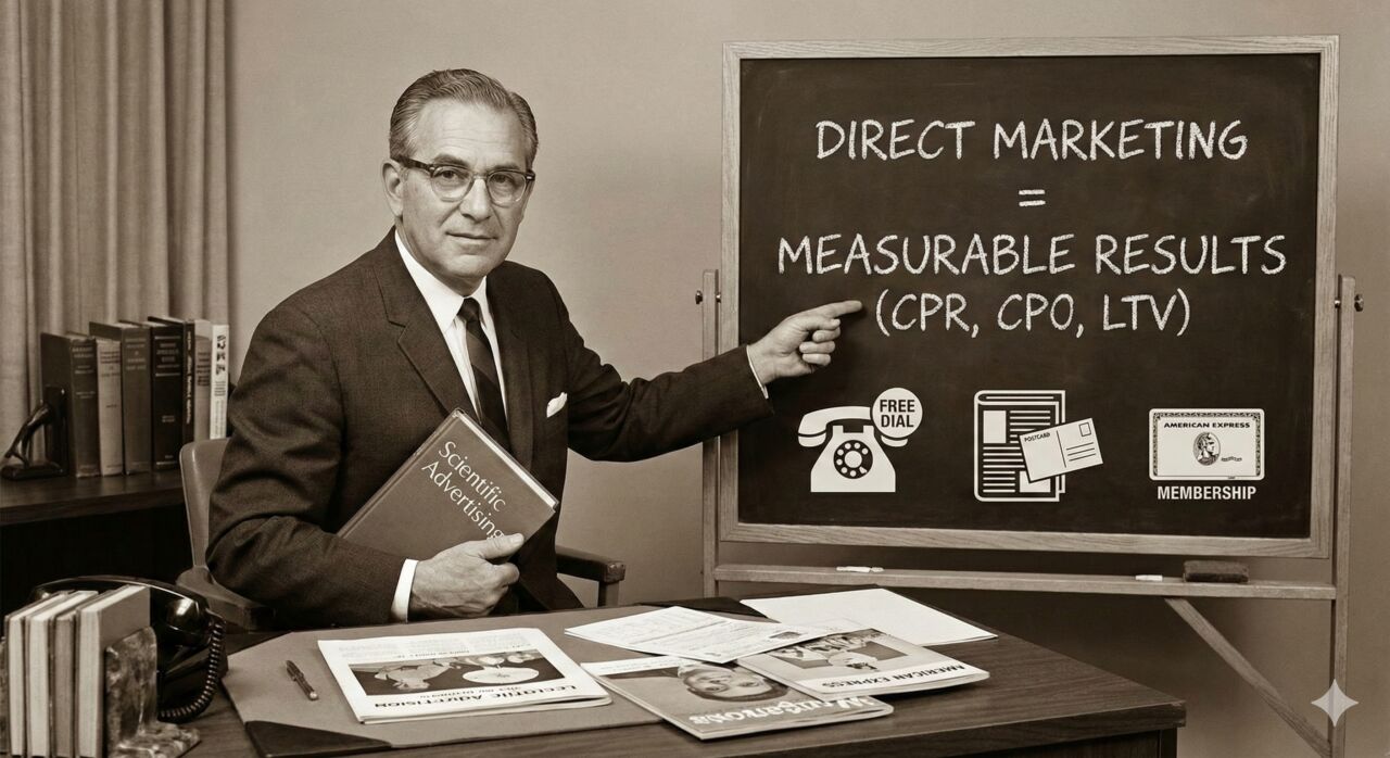 ダイレクトマーケティングの父、レスター・ワンダーマンのイメージイラスト。データ分析や科学的広告手法を象徴するグラフや手紙のモチーフ。