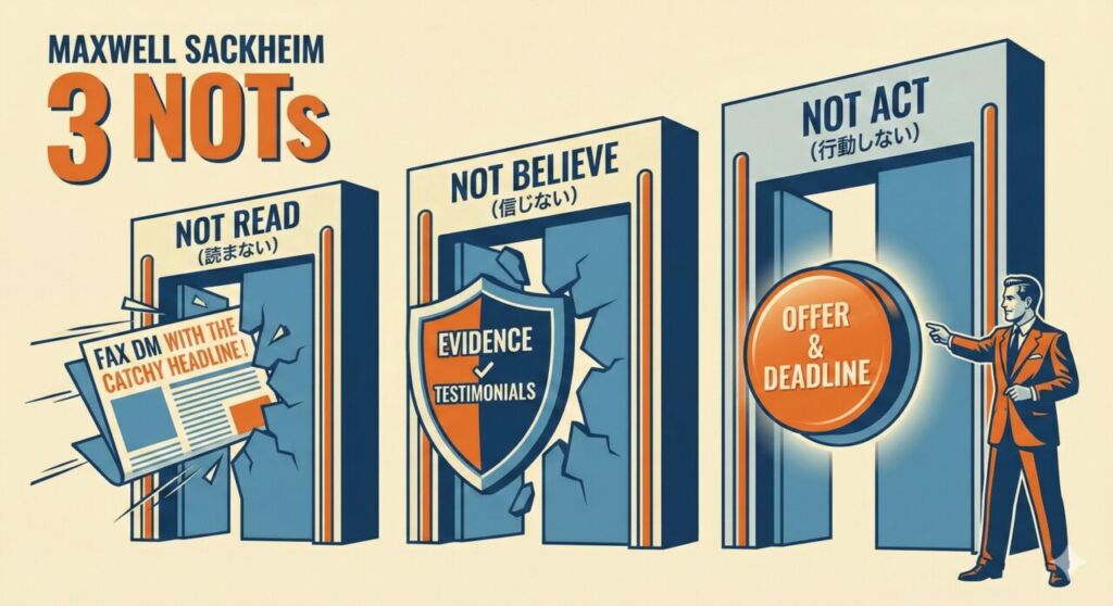 マクスウェル・サックハイムの広告の三原則「3つのNot」の概念図。Not Read(読まない)、Not Believe(信じない)、Not Act(行動しない)という顧客心理の障壁を表現したイラスト。
