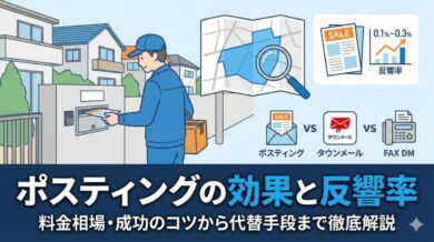 ポスティング（チラシ配布）のアイキャッチ画像。ポストへの投函イメージと、反響率・料金相場・効果的な活用法を解説