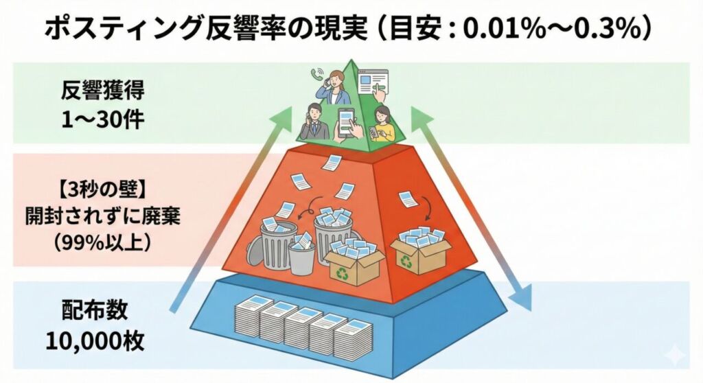 画像の具体的な内容と数値を記述します。 ポスティングの反響率を表す図解。1万枚配布しても問い合わせはごくわずか（0.01%〜0.3%）で、大半は「3秒の壁」で捨てられる現実