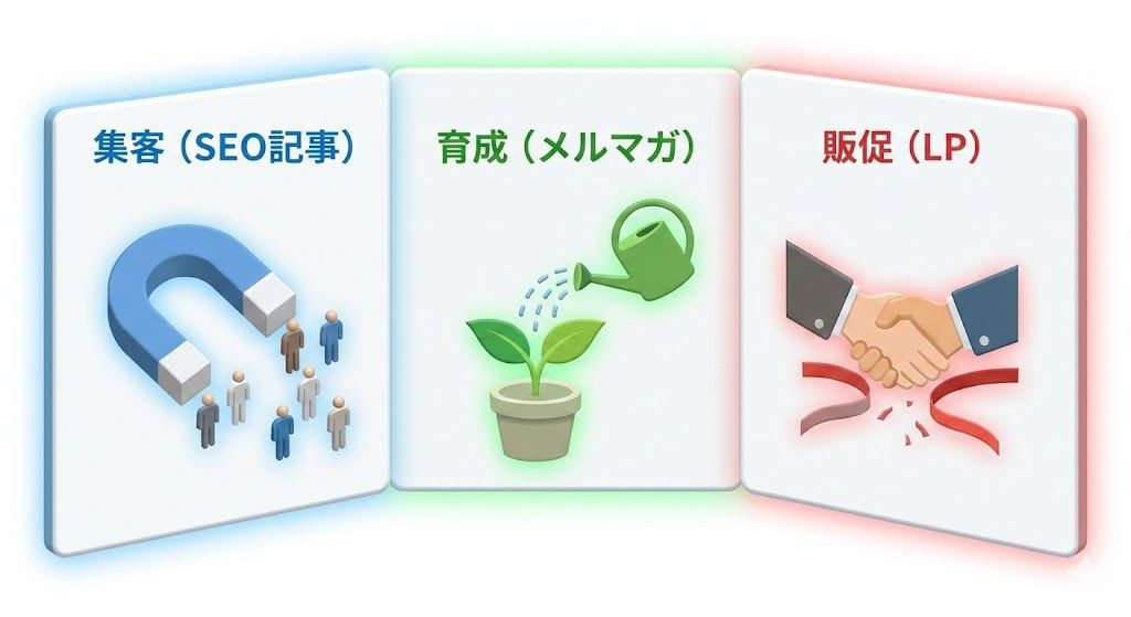 BtoBコンテンツの3つの種類。アクセスを集める「集客コンテンツ（磁石）」、信頼を築く「育成コンテンツ（水やり）」、成約させる「販促コンテンツ（握手）」の役割分担。