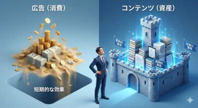 コンテンツマーケティングのアイキャッチ。広告費（消費）とは異なり、良質な記事（コンテンツ）は積み上げることで企業の資産となり、長期的な利益を生む様子を描いたイラスト。