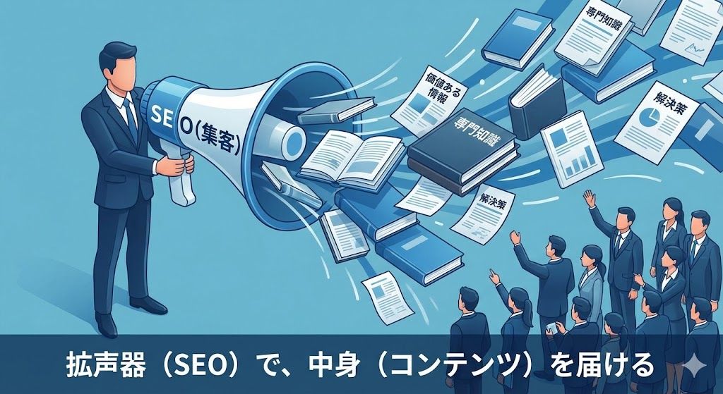 SEO対策とコンテンツの関係性。SEOは情報を届けるための「拡声器（手段）」であり、コンテンツはその中で語られる「内容（中身）」であることを表現。