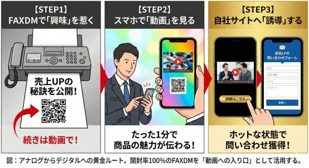 FAXDMから動画へ誘導し、問い合わせを獲得する集客の黄金ルート図。STEP1:QRコード付きFAXDMで「続きは動画で」と興味を惹く。STEP2:スマホで動画を再生し、1分で商品の魅力を伝える。STEP3:動画内のリンクから自社サイトのフォームへ誘導し、関心が高まった状態で問い合わせを獲得する流れ。