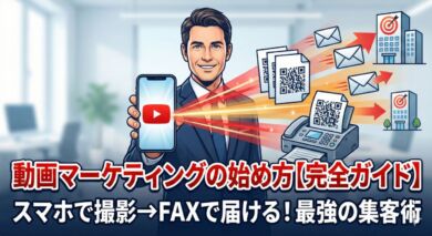 動画マーケティングの始め方【完全ガイド】のアイキャッチ画像。YouTube画面が表示されたスマホを持つビジネスマンから、QRコード付きのFAXやメールが飛び出し、ターゲット企業へ直接届く様子を描いたイラスト。テキスト「スマホで撮影→FAXで届ける！最強の集客術」。