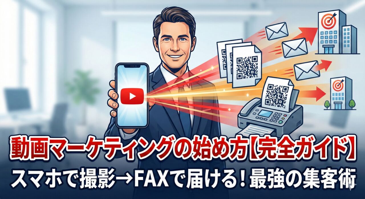 動画マーケティングの始め方【完全ガイド】のアイキャッチ画像。YouTube画面が表示されたスマホを持つビジネスマンから、QRコード付きのFAXやメールが飛び出し、ターゲット企業へ直接届く様子を描いたイラスト。テキスト「スマホで撮影→FAXで届ける！最強の集客術」。