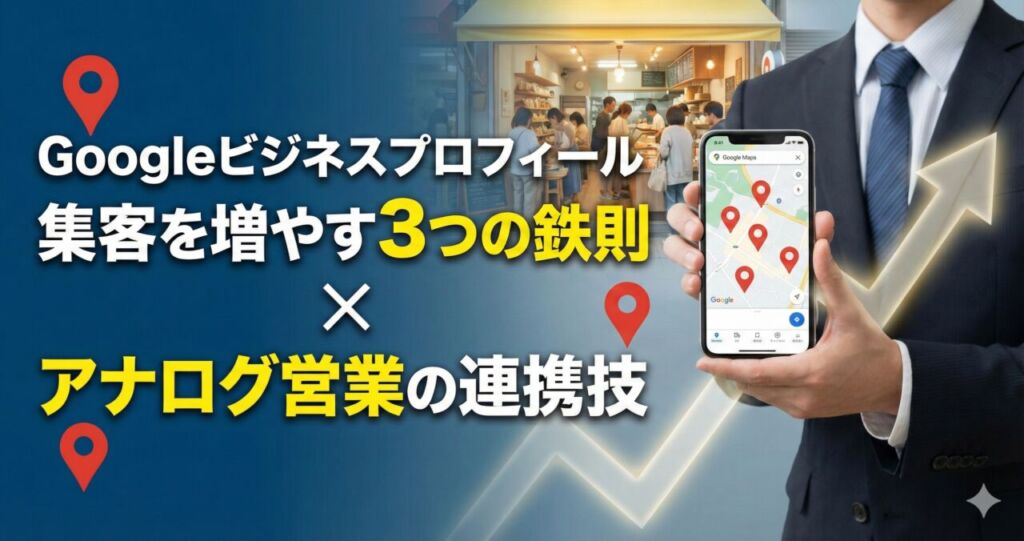 Googleビジネスプロフィール 集客を増やす3つの鉄則 × アナログ営業の連携技。スマホの地図画面と右肩上がりの矢印