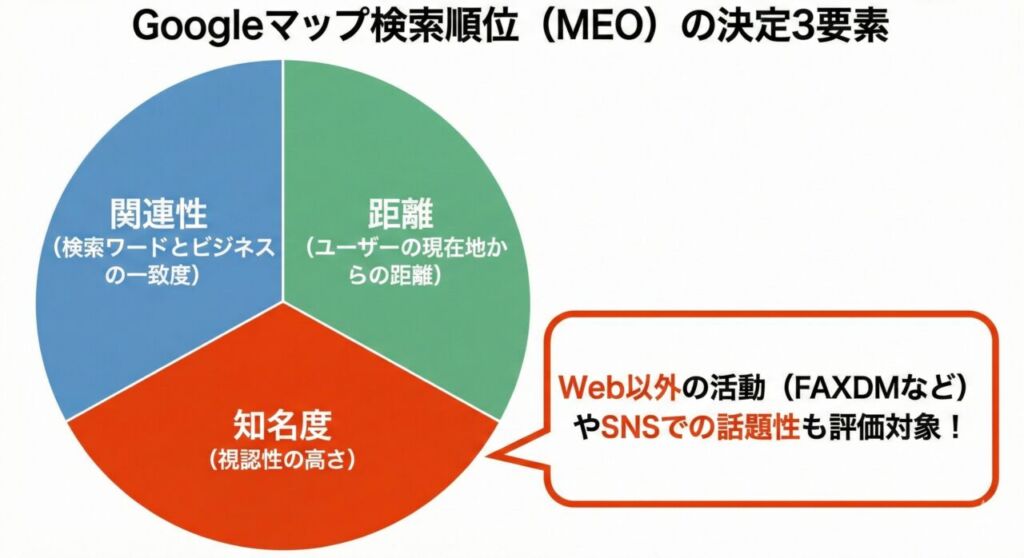 Googleマップの検索順位（MEO）を決める3つの要素（関連性、距離、知名度）の円グラフ。「知名度」の項目が強調されており、FAXDMなどのWeb以外の活動も評価対象になると解説されている。