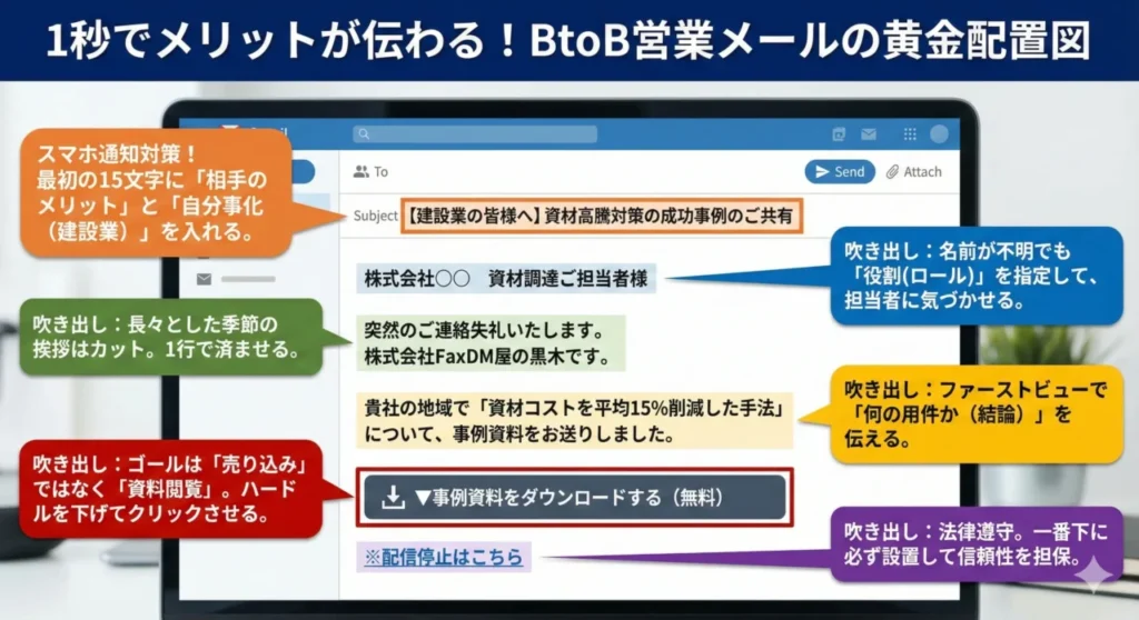 1秒でメリットが伝わるBtoB営業メールの黄金配置図。件名、宛名指定、結論ファースト、CTA、オプトアウトの配置例と解説