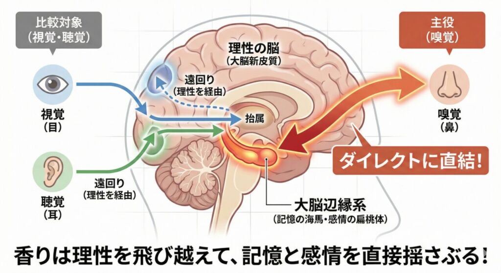 プルースト効果のメカニズム図解。視覚や聴覚は大脳新皮質を経由するが、嗅覚（香り）だけは大脳辺縁系（海馬・扁桃体）に直結していることを示す脳の模式図。