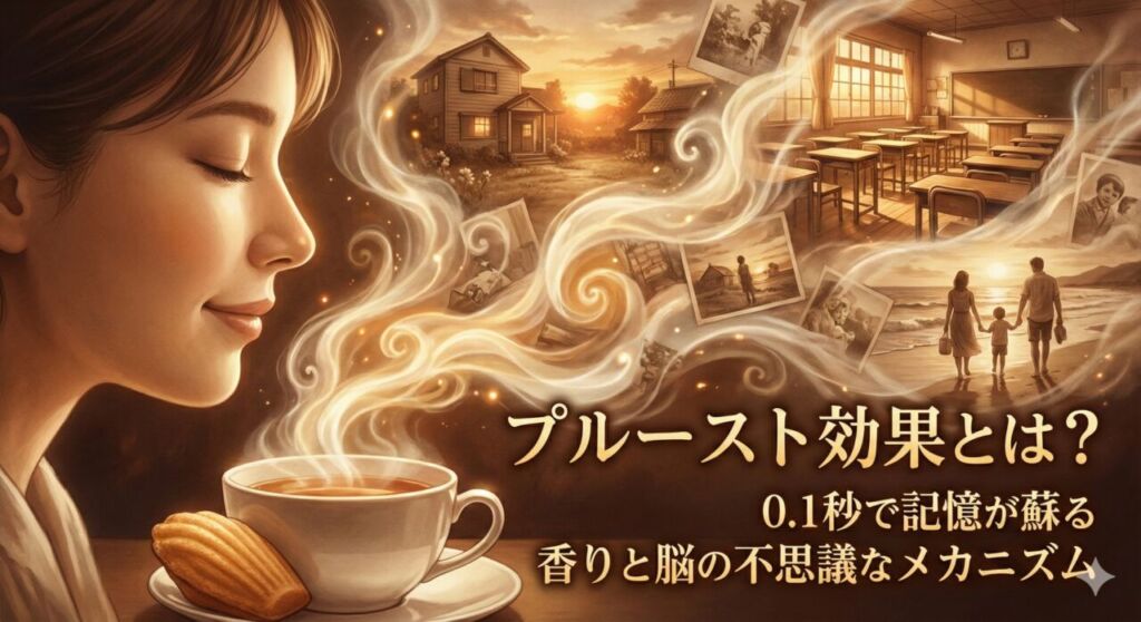 プルースト効果のイメージ図。コーヒーの香りから、懐かしい子供時代の風景がセピア色で蘇る様子。香りと記憶の結びつきを表現。