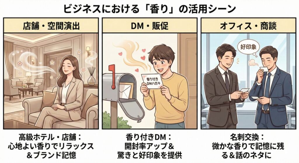 香りマーケティングの活用事例イラスト。ホテルの空間演出、香り付きダイレクトメールの開封、香り付き名刺交換の3つのビジネスシーン。