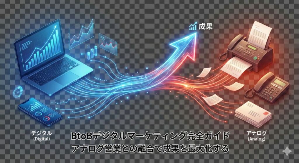 BtoBデジタルマーケティング完全ガイドのアイキャッチ画像。デジタルツール（PC・スマホ）とアナログツール（FAX・電話）が融合し、右肩上がりの成果につながる様子を図解。