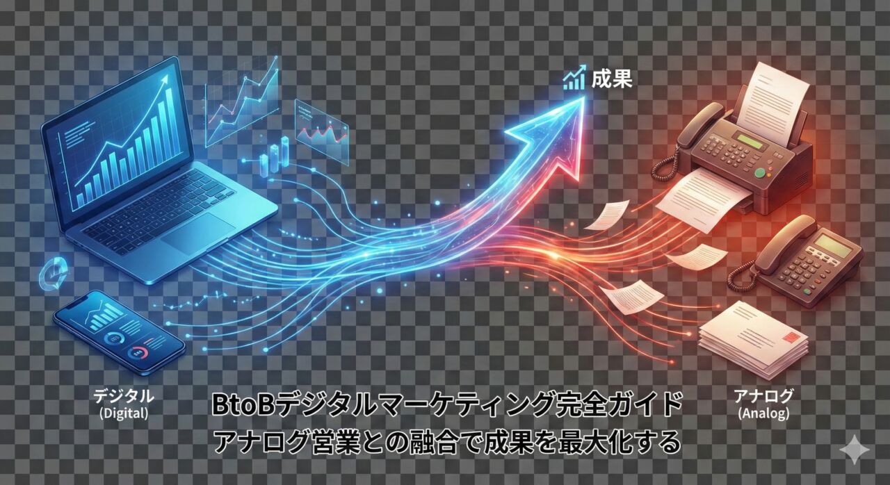 BtoBデジタルマーケティング完全ガイドのアイキャッチ画像。デジタルツール（PC・スマホ）とアナログツール（FAX・電話）が融合し、右肩上がりの成果につながる様子を図解。