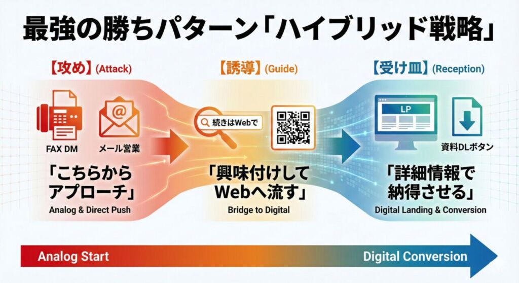図解：BtoBマーケティングの最強の勝ちパターン「ハイブリッド戦略」。【攻め】FAX DM・メール営業でアプローチし、【誘導】検索窓やQRコードでWebへ誘導、【受け皿】Webサイト・LPで詳細を伝えてコンバージョンさせる3ステップの流れ。