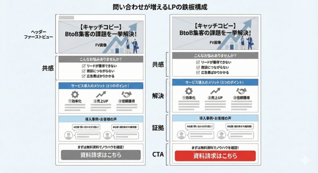 図解：問い合わせが増えるBtoBランディングページの鉄板構成（ワイヤーフレーム）。上から順に「ファーストビュー（FV）」「共感（悩みチェックリスト）」「解決策（メリット3選）」「証拠（導入事例・お客様の声）」「CTA（資料請求ボタン）」を配置した、成約率を高めるレイアウト図。