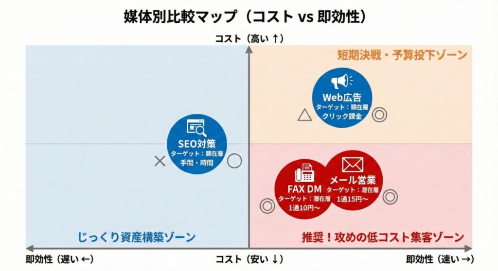 図解：BtoBマーケティング手法の比較マップ（散布図）。縦軸をコスト、横軸を即効性とし、4つの手法を配置。FAX DMとメール営業は「即効性が高くコストが安い」右下のエリア、Web広告は「即効性は高いがコストが高い」右上のエリア、SEO対策は「コストは標準的だが即効性が低い」左側のエリアに位置付けられていることを示した図。