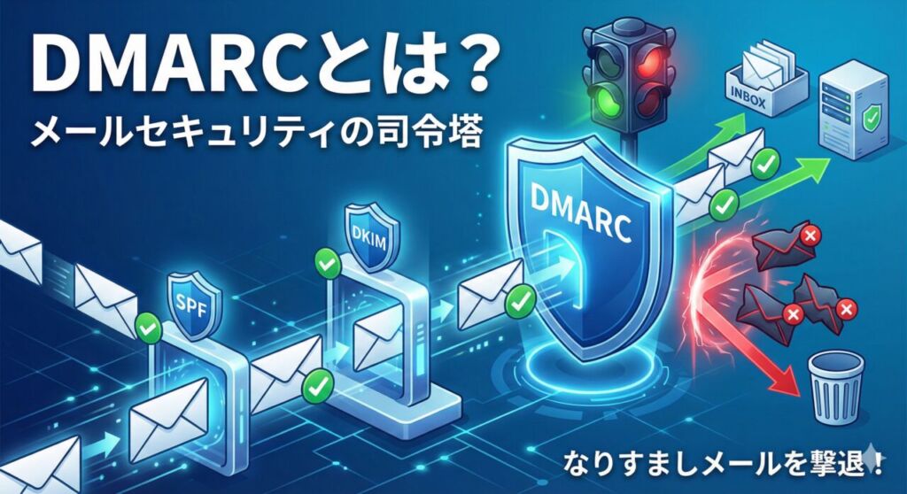 DMARCとは?メールセキュリティの司令塔として、なりすましメールをブロックし、正規メールを通す仕組みの図解。盾と信号機のイメージ