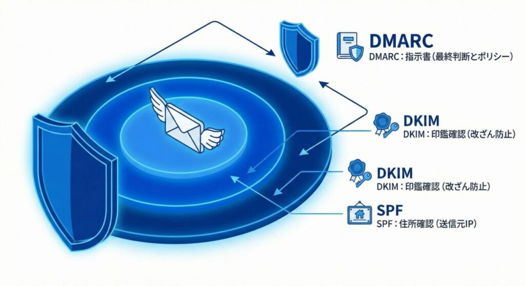 SPF・DKIM・DMARCの関係性を示した図解。中心のメールをSPF(住所確認)とDKIM(印鑑確認)が守り、その外側でDMARC(指示書・最終判断)が全体を包括して管理している多層防御の構造。