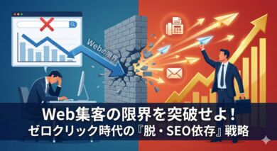 Web集客の限界と脱・SEO依存戦略のアイキャッチ。行き詰まるWeb検索と、FAXやメールによるアナログな突破口を対比させたイメージ図。