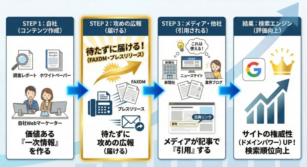 BtoB企業が良質な被リンクを獲得するためのフロー図。自社で一次情報コンテンツを作成し、FAXDMなどの広報活動でメディアに届け、記事での引用リンクを獲得してSEO評価を高める流れ。