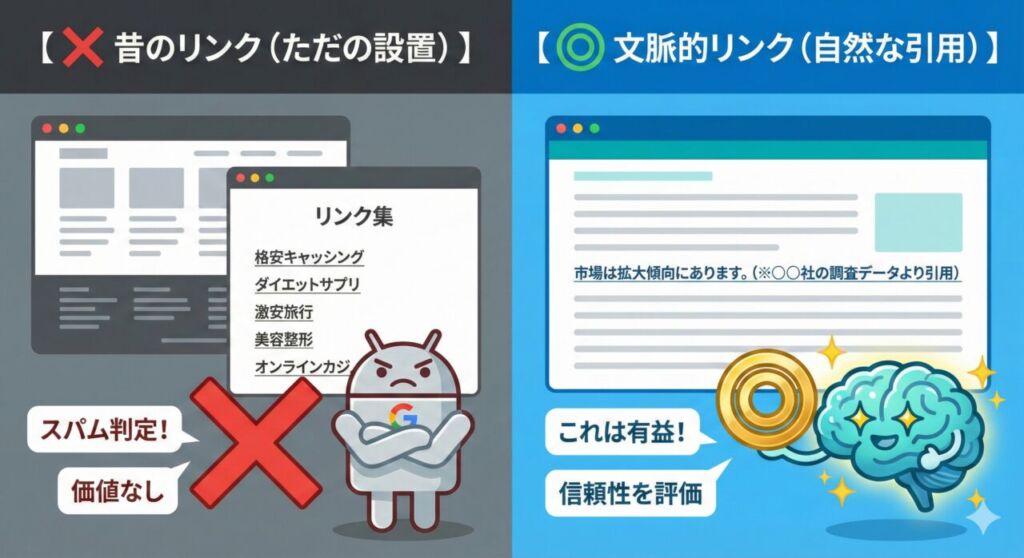 昔のSEO手法である無関係な相互リンク（スパム判定）と、AI時代に評価される記事本文中の自然な文脈的リンク（高評価）の比較図。