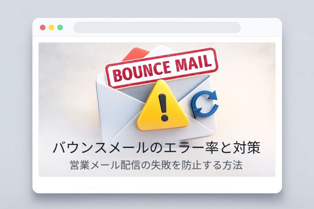 バウンスメールのエラーを示すアイキャッチ画像。ハードバウンスとソフトバウンスの違いや配信エラーの注意点を表現した営業メール向けの図。