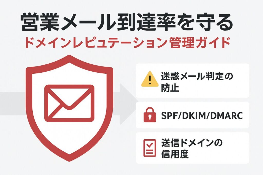 営業メールの到達率を守るドメインレピュテーション管理ガイドのアイキャッチ画像。盾アイコンとメール送信のイメージを組み合わせたデザイン。