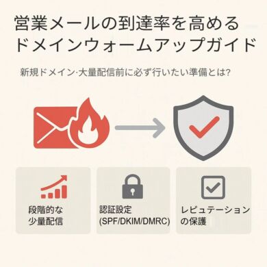 営業メール配信前に行うドメインウォームアップを説明したアイキャッチ画像。メールアイコンと盾のイラストで到達率向上を表現。