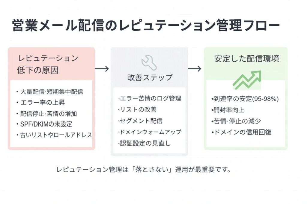 営業メール配信におけるドメインレピュテーション管理の流れを示す図。原因、改善ステップ、安定配信の3段構成で解説。