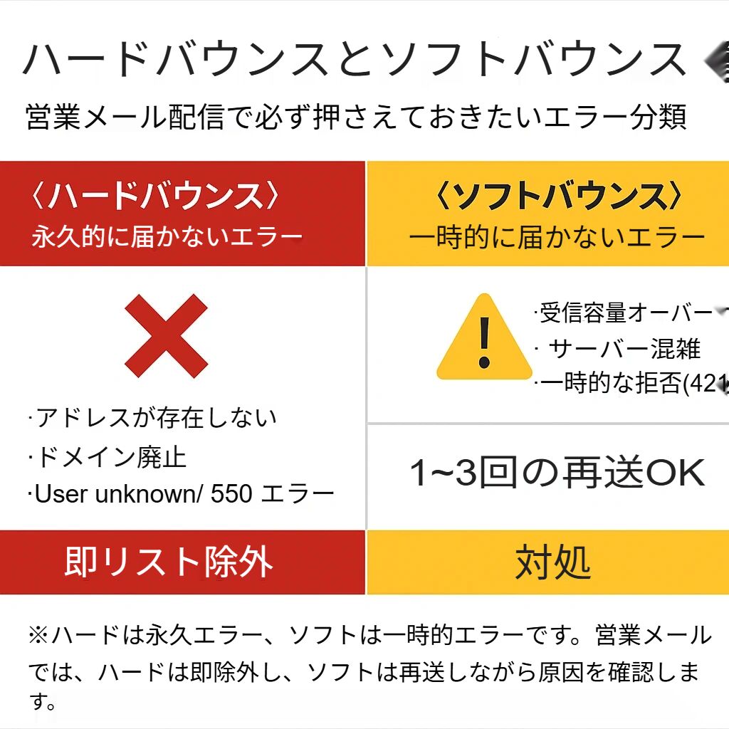 ハードバウンスとソフトバウンスの違いを比較した図。永久的エラーと一時的エラーの原因と対処方法を説明。