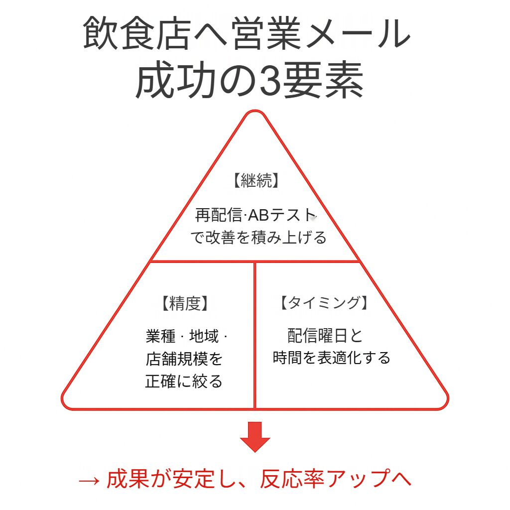 飲食店営業メール成功の3要素(精度・タイミング・継続)を示したピラミッド図。営業効果を高める3つの柱を視覚化。