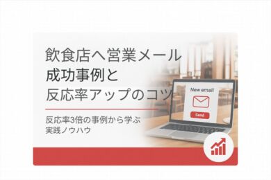飲食店営業メールの成功事例と反応率アップのコツを示すアイキャッチ画像。件名・本文・配信タイミングの改善をテーマにしたビジネス風デザイン。