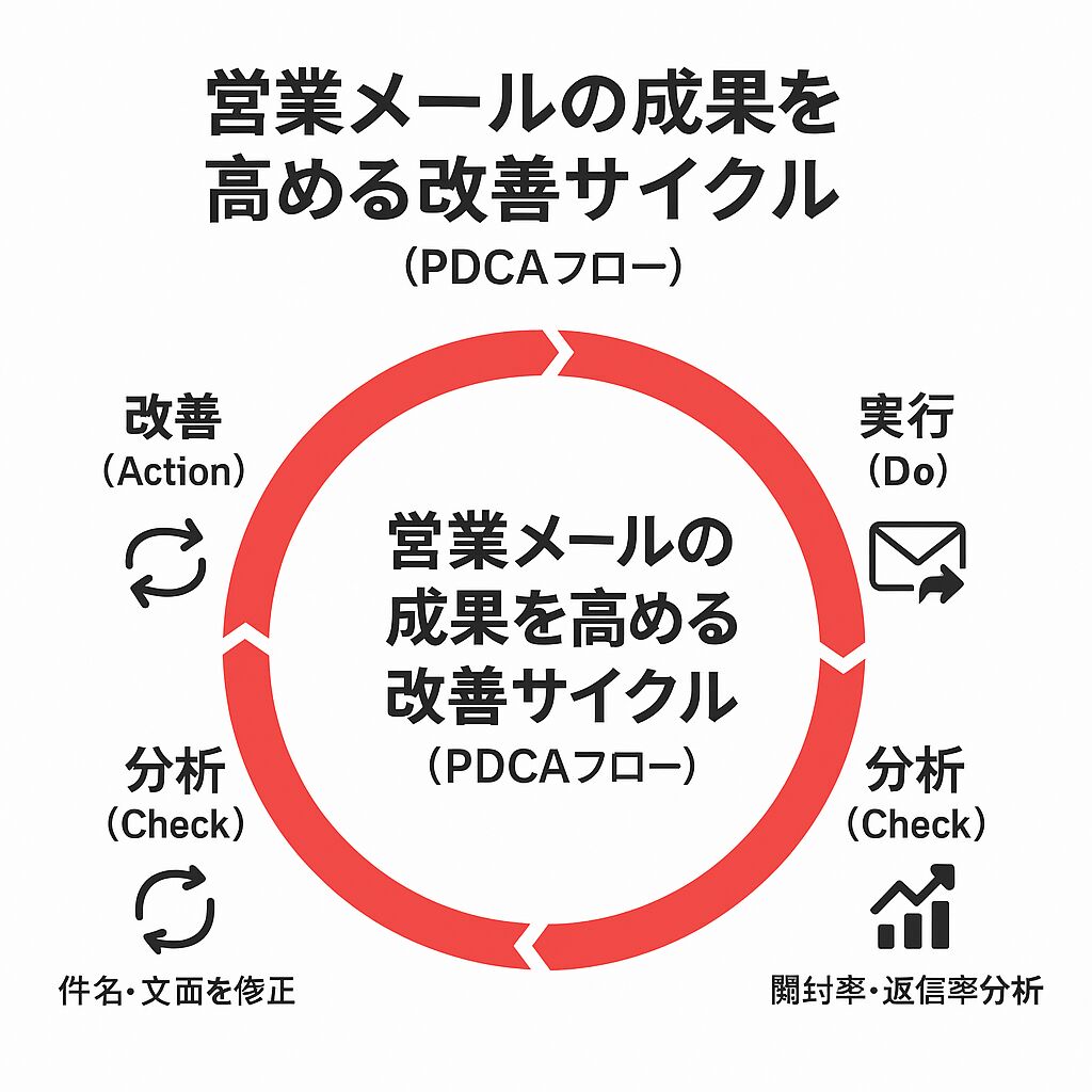 営業メールの成果を高める改善サイクル（PDCAフロー）。件名設計から配信・分析・改善までを示した円形図解。