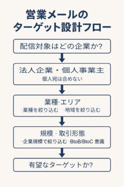 営業メールのターゲット設計フロー図。法人企業を対象に、業種・エリア・企業規模などを段階的に絞り込む手順を示したビジネス向け図解。