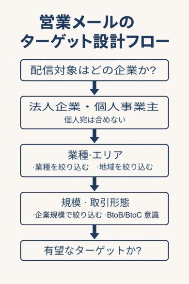 営業メールのターゲット設計フロー図。法人企業を対象に、業種・エリア・企業規模などを段階的に絞り込む手順を示したビジネス向け図解。