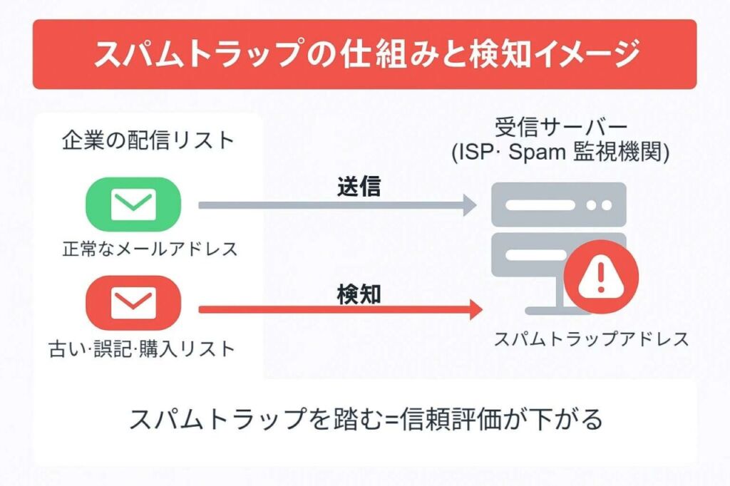 スパムトラップの仕組みを示す図。実在しない検知用アドレスが迷惑メール送信者を判断する仕組みを解説。