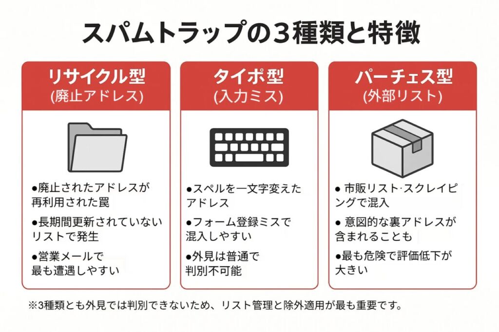 スパムトラップの3種類(リサイクル型・タイポ型・パーチェス型)を比較した図。営業メールで踏みやすい種類と特徴を整理。