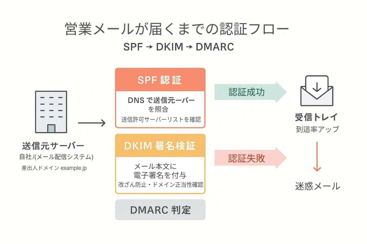 営業メールの送信から受信までの認証フロー。SPFで送信元を確認し、DKIMで改ざんを防ぎ、DMARCで統合判定する流れを示した図解。