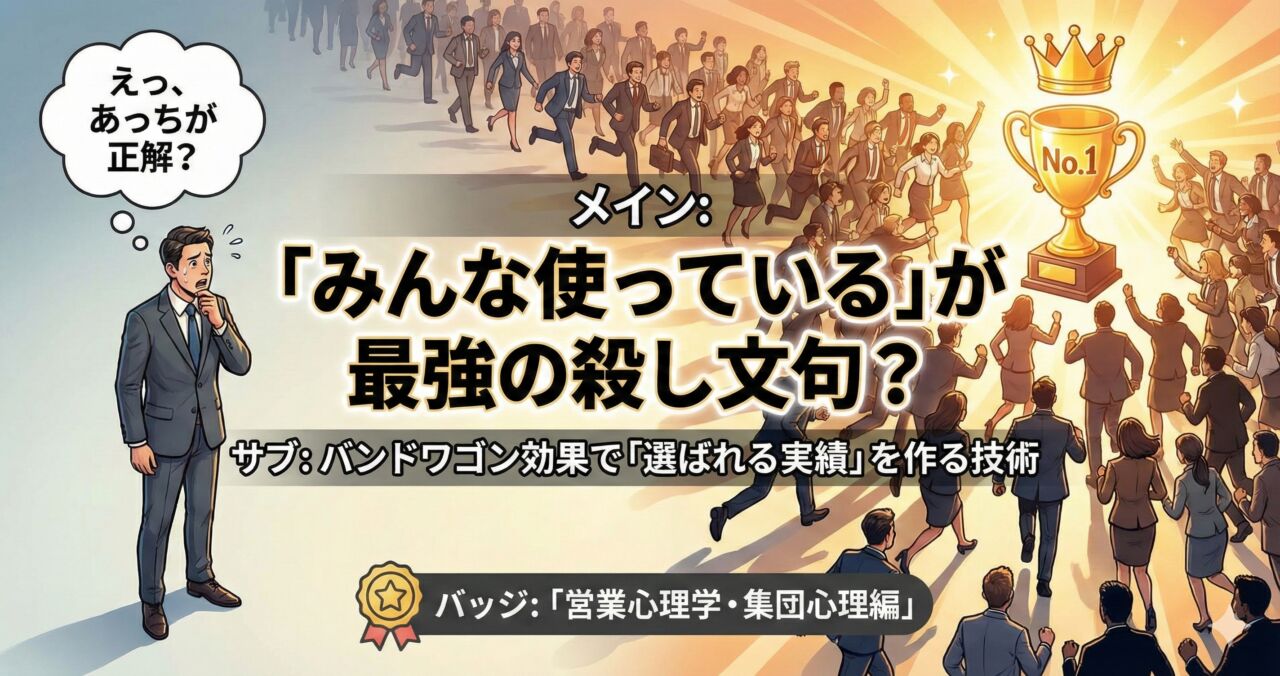 バンドワゴン効果のイメージ画像。多くの人々が行列を作っている先を、一人の人物が気になって見ている様子。
