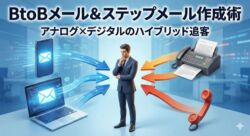 BtoBメールマーケティングとステップメールの作り方アイキャッチ画像。中央のターゲット顧客（ビジネスマン）に対し、左側からデジタル（PC・スマホからのメール）、右側からアナログ（FAX・電話）が矢印でアプローチする様子を描いた、アナログ×デジタルのハイブリッド追客戦略を示す3Dイラスト。